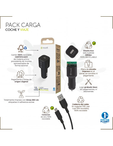 muvit for change pack cargador coche Tipo C PD 20W + cable tipo C a  lightning MFI 3A 1m negro