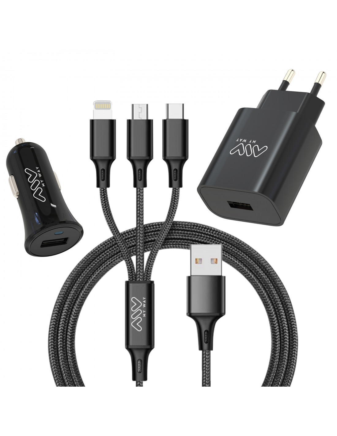 muvit for change pack cargador coche USB 2 puertos 2.4A + cable 1.2m tipo C  negro